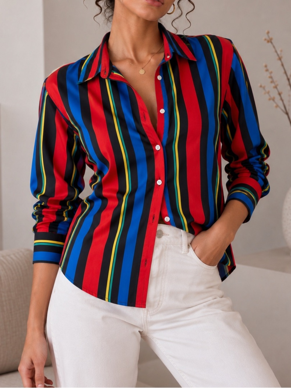 Colorful Vertical Stripe Button-Up Shirt - Red, Blue, Black, Yellow